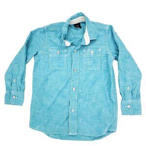 Gap Kids Button Shirt Boys XS 4-5 Aqua Blue Teal Pockets Long Sleeve Chambray